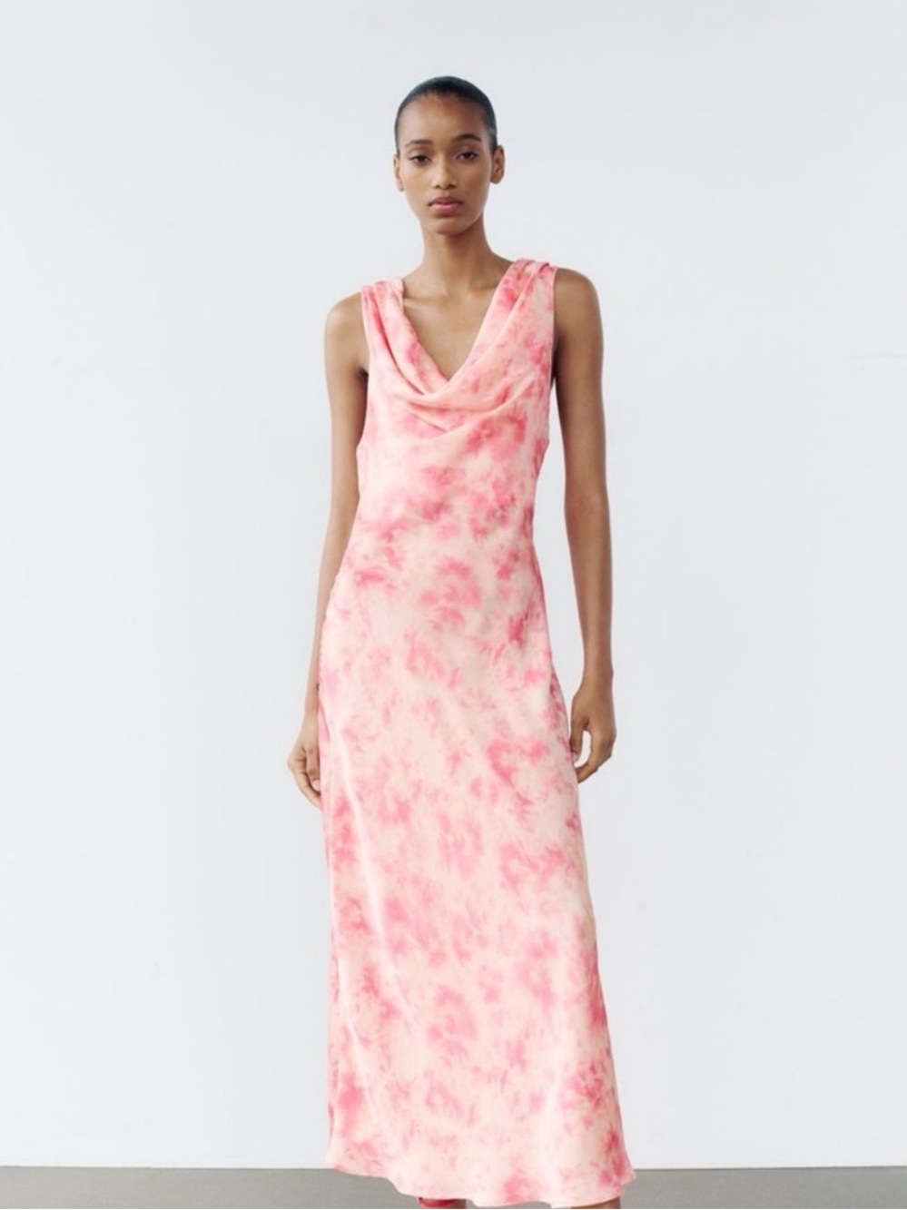 Zara Satin Effect Tie Dye Midi Maxi Dress Maxi Pink Cowl Neck Open Back Sz Small